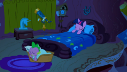 Size: 1366x768 | Tagged: safe, derpibooru import, screencap, spike, twilight sparkle, dragon, pony, winter wrap up, basket, bed, bedroom, clock, cuckoo clock, cute, duo, eyes closed, female, male, mare, night, open mouth, sleeping, smiling, telescope, twilight's bed, twilight's bedroom