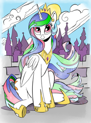 Size: 744x1000 | Tagged: safe, artist:andypriceart, artist:ryuredwings, color edit, edit, princess celestia, alicorn, pony, canterlot, cloud, colored, crown, cute, cutelestia, female, hoof shoes, i can't believe it's not idw, jewelry, looking at you, mare, regalia, sitting, solo, sun