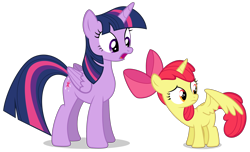 Size: 2800x1700 | Tagged: safe, artist:tizerfiction, derpibooru import, apple bloom, twilight sparkle, twilight sparkle (alicorn), alicorn, pony, alicornified, bloomicorn, duo, female, filly, mare, simple background, surprised, transparent background, vector, worried