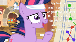 Size: 1050x590 | Tagged: safe, derpibooru import, screencap, twilight sparkle, horseshoes, image macro, meme, solo, text, twilight gone mad, twilight snapple