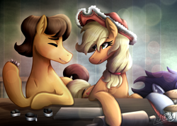 Size: 2028x1446 | Tagged: safe, artist:kikirdcz, applejack, caramel, soarin', earth pony, pony, carajack, food, hat, male, pie, rolling pin, shipping, sneaky, straight