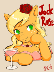 Size: 600x800 | Tagged: safe, artist:snowyice, applejack, earth pony, pony, semi-anthro, choker, clothes, dress, drink, flower, flower in hair, looking at you, rose, smiling, solo