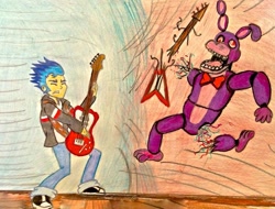 Size: 1025x780 | Tagged: safe, artist:bravokrofski, flash sentry, equestria girls, bonnie, crossover, duel, electric guitar, five nights at freddy's, guitar