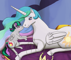 Size: 2500x2100 | Tagged: safe, artist:azurllinate, princess celestia, oc, oc:luminara, oc:princess luminara, alicorn, horse, pony, alicorn oc, bed, blushing, blushing profusely, boop, celestia's bedroom, cloven hooves, crown, female, filly, foal, futurehooves, jewelry, legs in air, lying on bed, mare, momlestia, mother and child, mother and daughter, multicolored mane, multicolored tail, mwah, next gen:futurehooves, next generation, offspring, parent and child, parent and foal, parent:good king sombra, parent:king sombra, parent:princess celestia, parents:celestibra, pink eyes, princess celestia is a horse, prone, purple eyes, regalia, sitting, smiling