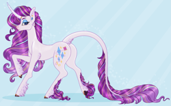 Size: 1743x1082 | Tagged: safe, artist:alexkingofthedamned, rarity, classical unicorn, pony, unicorn, alternate cutie mark, alternate design, butt, cloven hooves, female, leonine tail, mare, plot, solo, unshorn fetlocks