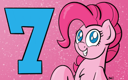 Size: 2560x1600 | Tagged: safe, artist:ashtoneer, pinkie pie, earth pony, pony, 7, 7th anniversary, anniversary, button eyes, cel shading, chest fluff, happy birthday mlp:fim, mlp fim's seventh anniversary, raised hoof, simple background, smiling, solo