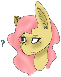 Size: 580x728 | Tagged: safe, artist:itzdatag0ndray, fluttershy, pegasus, pony, alternate hairstyle, bust, confused, ear fluff, looking at something, looking away, looking sideways, portrait, question mark, simple background, solo, white background