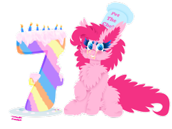 Size: 1024x768 | Tagged: safe, artist:vanillaswirl6, pinkie pie, earth pony, pony, 7, :i, :t, anniversary, aweeg*, birthday, birthday cake, birthday candles, blushing, cake, candle, cheek fluff, chef's hat, chest fluff, colored eyelashes, ear fluff, eating, female, fluffy, food, frosting, happy birthday mlp:fim, hat, hoof fluff, looking at you, mare, messy eating, mlp fim's seventh anniversary, pinkie pie day, plate, ponk, puffy cheeks, raised hoof, simple background, sitting, solo, transparent background