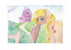 Size: 3449x2414 | Tagged: safe, artist:drafthoof, applejack, earth pony, pony, bedroom eyes, looking at you, plot, solo, sweet apple acres, traditional art