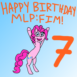 Size: 2000x2000 | Tagged: safe, artist:smannawarp, pinkie pie, earth pony, pony, 7, anniversary, bipedal, birthday, female, happy birthday mlp:fim, looking at you, mlp fim's seventh anniversary, seven, smiling, solo, text