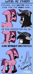 Size: 902x2001 | Tagged: safe, artist:chopsticks, bubble berry, bubblini davinci berry, pinkie pie, oc, pony, comic:wtb is this?, alternate cutie mark, canon x oc, clothes, comic, crying, dialogue, fangs, fear wetting, feather, female, hat, humor, hysterectomy, male, mare, pinkamena diane pie, pissing, rule 63, scared, stallion, threat, urine