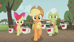 Size: 1280x720 | Tagged: safe, screencap, apple bloom, applejack, granny smith, earth pony, pony, apple family reunion, raise this barn