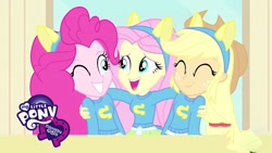 Size: 1920x1080 | Tagged: safe, screencap, applejack, fluttershy, pinkie pie, equestria girls, helping twilight win the crown, logo