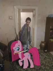 Size: 1277x1703 | Tagged: safe, pinkie pie, human, pony, brony, dagger, irl, irl human, katana, photo, pinkamena diane pie, sword, weapon