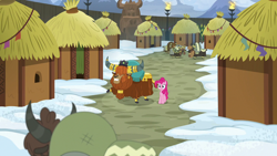 Size: 1280x720 | Tagged: safe, screencap, pinkie pie, prince rutherford, pony, yak, not asking for trouble, cloven hooves, female, hut, male, snow, yakyakistan