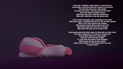 Size: 1920x1080 | Tagged: safe, artist:camchao, pinkie pie, earth pony, pony, spoiler:doki doki literature club, 3d, depression, doki doki literature club, female, floppy ears, lying down, lyrics, mare, on side, pen, pinkamena diane pie, sad, solo, song reference, source filmmaker, spoilers for another series, text, tl;dr