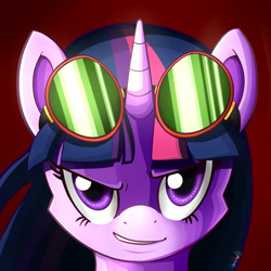 Size: 2000x2000 | Tagged: safe, artist:talim_stuff, derpibooru import, twilight sparkle, bust, goggles, portrait, smirk, solo, twilight smirkle