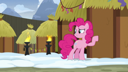 Size: 1280x720 | Tagged: safe, screencap, pinkie pie, pony, not asking for trouble, hut, solo, yakyakistan