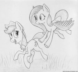 Size: 1578x1464 | Tagged: safe, artist:sanya-mosaica, applejack, fluttershy, earth pony, pegasus, pony, duo, looking at each other, monochrome, pencil drawing, sketch, traditional art