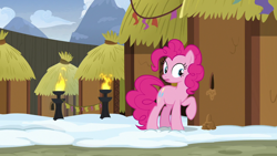 Size: 1280x720 | Tagged: safe, screencap, pinkie pie, pony, not asking for trouble, hole, hut, solo, yakyakistan