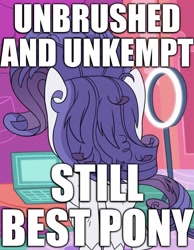 Size: 1079x1388 | Tagged: safe, rarity, pony, unicorn, my little pony: pony life, best pony, caption, computer, frizzy hair, image macro, instagram story, laptop computer, messy mane, solo, text, unbrushed mane, unkempt mane