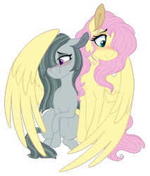 Size: 976x1147 | Tagged: safe, artist:saphi-boo, fluttershy, marble pie, earth pony, pegasus, pony, blushing, cute, female, floppy ears, hair over one eye, hug, lesbian, looking away, looking down, marblebetes, marbleshy, mare, shipping, shy, shyabetes, simple background, sitting, transparent background, wavy mouth, winghug, wings