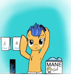 Size: 298x326 | Tagged: dead source, safe, artist:askcockyflash, flash sentry, pony, armpits, bathroom, bipedal, comb, deodorant, hair gel, johnny bravo, solo