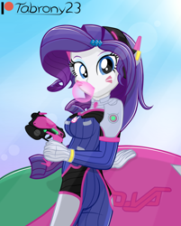 Size: 1224x1522 | Tagged: safe, artist:tabrony23, rarity, equestria girls, bubblegum, chewing gum, clothes, cosplay, costume, d.va, female, food, gloves, gum, gun, high res, looking at you, overwatch, patreon, patreon logo, sexy, solo, weapon