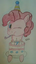 Size: 1366x2391 | Tagged: safe, artist:kideł/kideu, pinkie pie, earth pony, pony, cake, food, happy birthday mlp:fim, mlp fim's seventh anniversary, traditional art