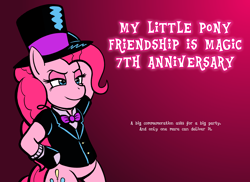 Size: 1920x1400 | Tagged: safe, artist:regularmouseboy, pinkie pie, earth pony, pony, party of one, bipedal, bowtie, clothes, confident, flat colors, gradient background, happy birthday mlp:fim, hat, mlp fim's seventh anniversary, standing, suit, top hat, tuxedo