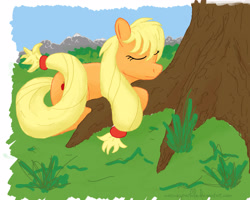 Size: 5000x4000 | Tagged: safe, artist:marinesparkle, applejack, earth pony, pony, absurd resolution, grass, hatless, missing accessory, prone, sleeping, solo, tree