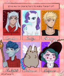 Size: 1080x1281 | Tagged: safe, artist:koalabeearts, rarity, cat, human, pony, unicorn, bakugo katsuki, blush sticker, blushing, clothes, crossover, eclipsa butterfly, female, hat, ian lightfoot, inuyasha, katsuki bakugou, mare, my hero academia, onward (movie), pusheen, raised hoof, scepter, six fanarts, star vs the forces of evil, sun hat