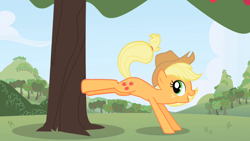 Size: 1280x720 | Tagged: safe, screencap, applejack, earth pony, pony, applebucking, cute, female, happy, jackabetes, mare, open mouth, opening, smiling, solo, theme song, tree