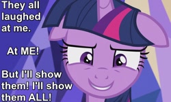 Size: 750x450 | Tagged: safe, derpibooru import, screencap, twilight sparkle, twilight sparkle (alicorn), alicorn, the lost treasure of griffonstone, caption, floppy ears, glare, grin, image macro, mad scientist, meme, smiling, solo, they called me mad, wide eyes