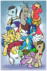 Size: 600x900 | Tagged: safe, artist:therealjoshlyman, big macintosh, bruce mane, discord, doctor whooves, flash sentry, soarin', spike, dragon, earth pony, pony, armor, bowtie, colored, lineart, male, stallion, wonderbolts uniform