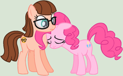 Size: 802x502 | Tagged: safe, artist:lost-our-dreams, pinkie pie, oc, oc:smart cookie, earth pony, pony, female, glasses, mare, mother and child, mother and daughter, offspring, parent and child, parent:cheese sandwich, parent:pinkie pie, parents:cheesepie