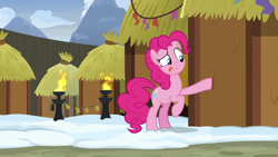 Size: 1280x720 | Tagged: safe, screencap, pinkie pie, pony, not asking for trouble, hut, solo, tongue out, yakyakistan