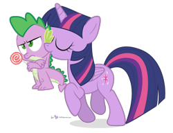 Size: 900x690 | Tagged: safe, artist:dm29, derpibooru import, spike, twilight sparkle, twilight sparkle (alicorn), alicorn, dragon, pony, behaving like a cat, carrying, duo, female, lollipop, mama twilight, mare, mothers gonna mother, mouth hold, scruff, simple background, spike is not amused, transparent background, trotting