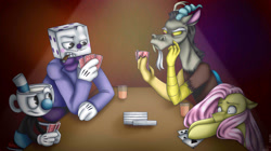 Size: 2095x1174 | Tagged: safe, artist:ggchristian, discord, fluttershy, pegasus, pony, crossover, cuphead, dice, king dice, mugman, poker