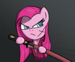 Size: 1449x1203 | Tagged: safe, artist:heartlyrosalie, pinkie pie, earth pony, pony, bust, crossover, frown, gradient background, himura kenshin, hoof hold, katana, looking at something, pinkamena diane pie, portrait, rurouni kenshin, samurai, scar, solo, sword, weapon