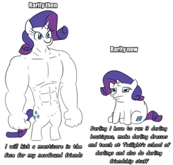 Size: 852x813 | Tagged: safe, artist:jargon scott, rarity, anthro, pony, unicorn, darling, meme, muscles, ponified meme, ripped rarity, simple background, solo, swole doge vs cheems, text, then and now, white background