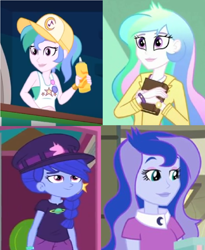 Size: 944x1152 | Tagged: safe, artist:brandonale, princess celestia, princess luna, principal celestia, space camp (character), summer solstice (character), vice principal luna, better together, equestria girls, five lines you need to stand in, book, comparison, look-alike