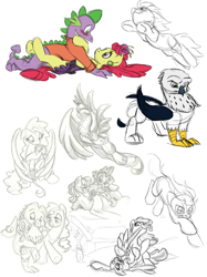 Size: 850x1134 | Tagged: safe, artist:rannva, apple bloom, scootaloo, spike, oc, oc:zestar apple flambé, dracony, dragon, griffon, hybrid, pegasus, pony, blushing, colored, colored sketch, female, interspecies, interspecies offspring, male, mare, offspring, parent:apple bloom, parent:spike, parents:spikebloom, shipping, simple background, sketch, sketch dump, spikebloom, straight, white background