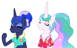 Size: 958x595 | Tagged: safe, artist:moonlightdisney5, princess celestia, princess luna, alicorn, pony, between dark and dawn, cute, ponies wearing clothing, screenshot redraw, simple background, transparent background, vacation