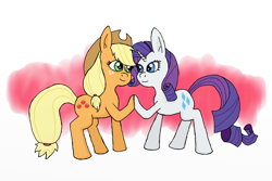 Size: 1200x800 | Tagged: safe, artist:eulicious, applejack, rarity, earth pony, pony, unicorn, female, holding hooves, lesbian, looking at each other, rarijack, shipping, simple background