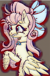 Size: 1280x1956 | Tagged: safe, artist:jxst-starly, fluttershy, pegasus, pony, alternate hairstyle, embarrassed, female, jewelry, messy mane, necklace, simple background, solo