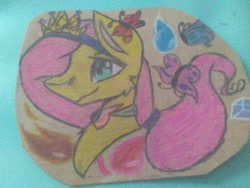 Size: 512x384 | Tagged: safe, artist:crystalnightmarerose, fluttershy, butterfly, pegasus, pony, solo, traditional art