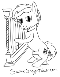 Size: 1280x1633 | Tagged: safe, artist:saine grey, parish nandermane, earth pony, pony, 30 minute art challenge, black and white, bowtie, grayscale, harp, monochrome, musical instrument, simple background, sitting, solo, stool, white background