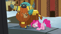 Size: 1280x720 | Tagged: safe, screencap, pinkie pie, prince rutherford, earth pony, pony, yak, not asking for trouble, cloven hooves, crown, duo, ear piercing, earring, female, horn ring, jewelry, male, mare, piercing, pit, regalia, yakyakistan