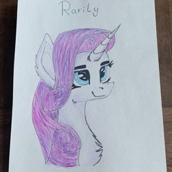 Size: 921x921 | Tagged: safe, alternate version, artist:_liz_art_, rarity, pony, unicorn, chest fluff, ear fluff, female, irl, mare, photo, smiling, text, traditional art